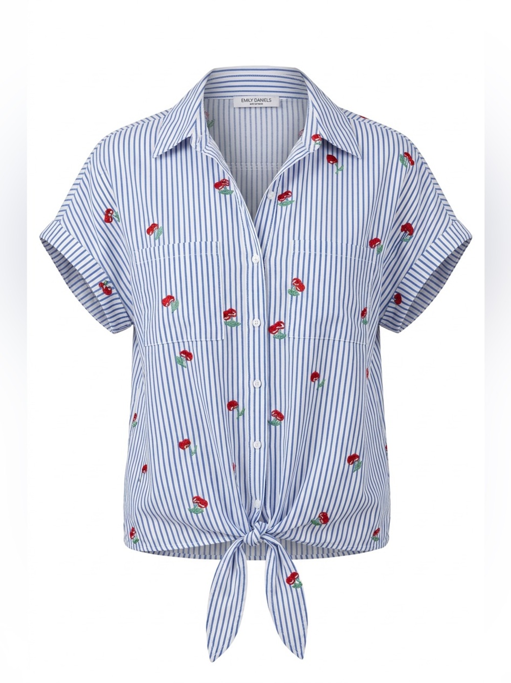 Blue Stripe Cherries Tie-Front Embroidered Shirt Boho Y2K - Picture 1 of 3